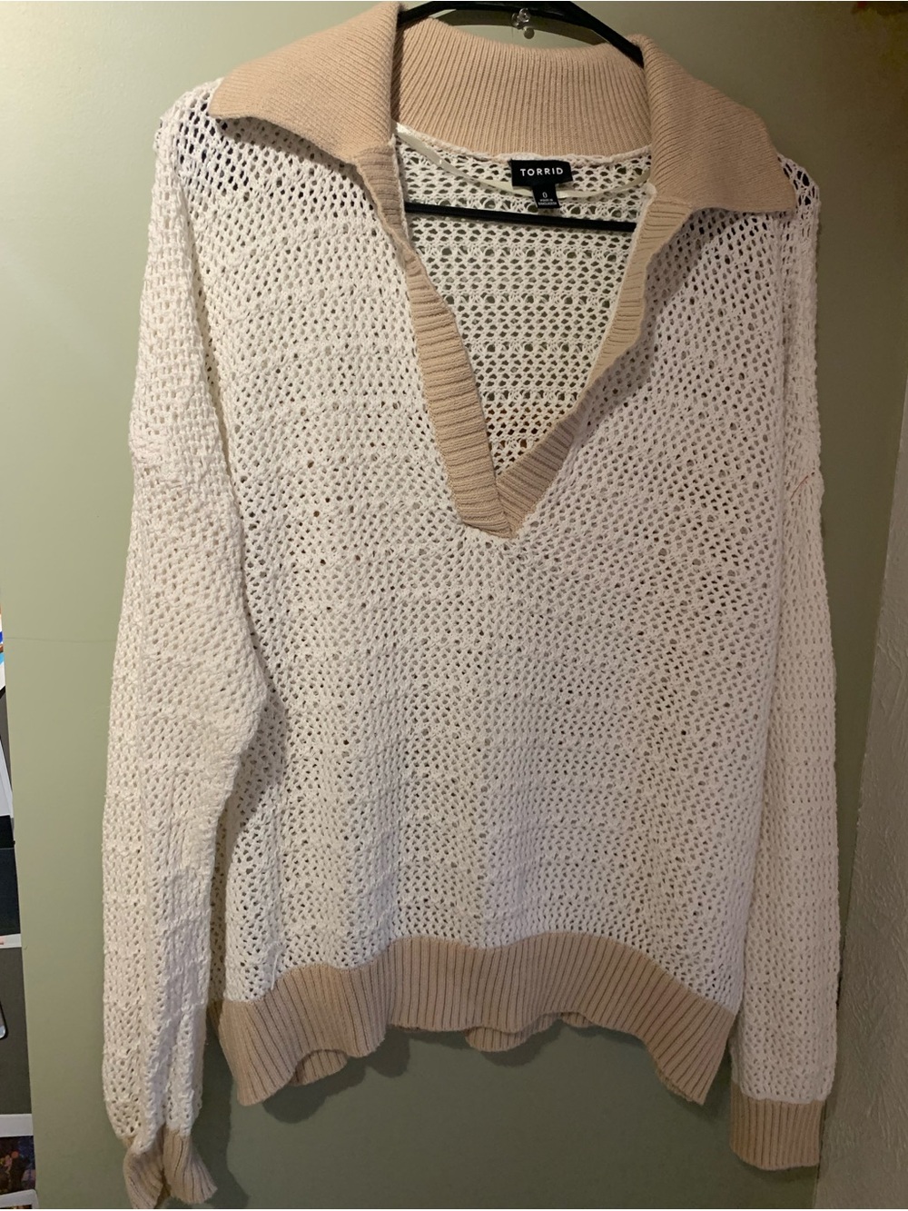 torrid Cream Open-Weave V-Neck Sweater with Tan Trim
